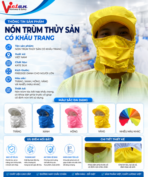 Nón Trùm Thủy Sản Có Khẩu Trang Màu Vàng VAKT-02