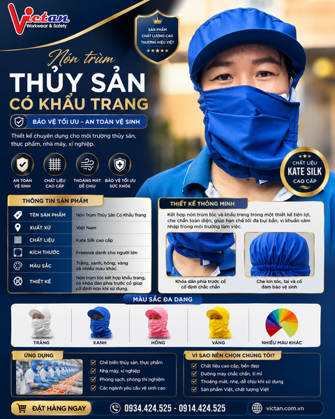 Nón Trùm Thủy Sản Có Khẩu Trang Màu Xanh Dương VAKT-03