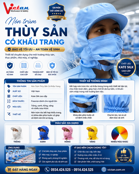 Nón Trùm Thủy Sản Có Khẩu Trang Màu Xanh Nhạt VAKT-04