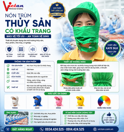 Nón Trùm Thủy Sản Có Khẩu Trang Màu Xanh Lá VAKT-05