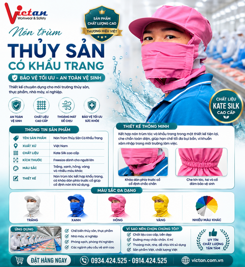Nón Trùm Thủy Sản Có Khẩu Trang Màu Hồng VAKT-06