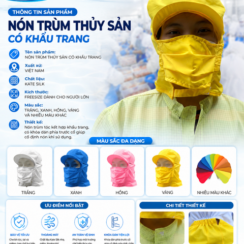 Nón Trùm Thủy Sản Có Khẩu Trang Màu Vàng VAKT-02
