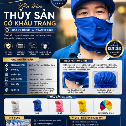 Nón Trùm Thủy Sản Có Khẩu Trang Màu Xanh Dương VAKT-03