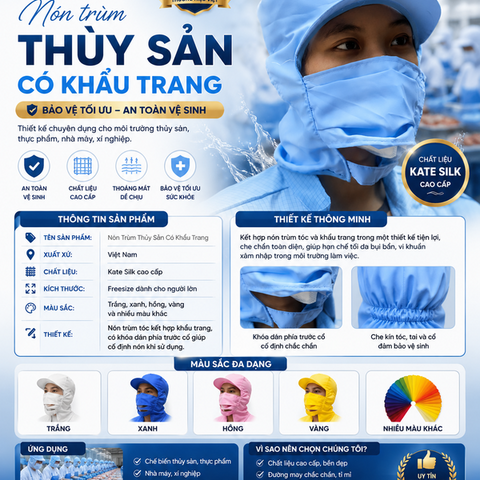 Nón Trùm Thủy Sản Có Khẩu Trang Màu Xanh Nhạt VAKT-04