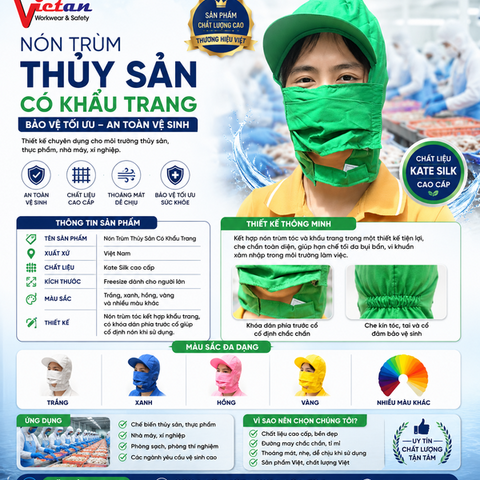 Nón Trùm Thủy Sản Có Khẩu Trang Màu Xanh Lá VAKT-05