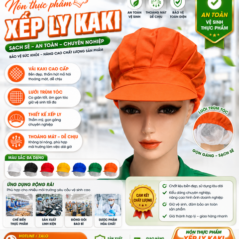 Nón Thực Phẩm Xếp Ly Kaki Màu Cam VAXL-03