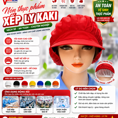 Nón Thực Phẩm Xếp Ly  Kaki Màu Đỏ VAXL-01