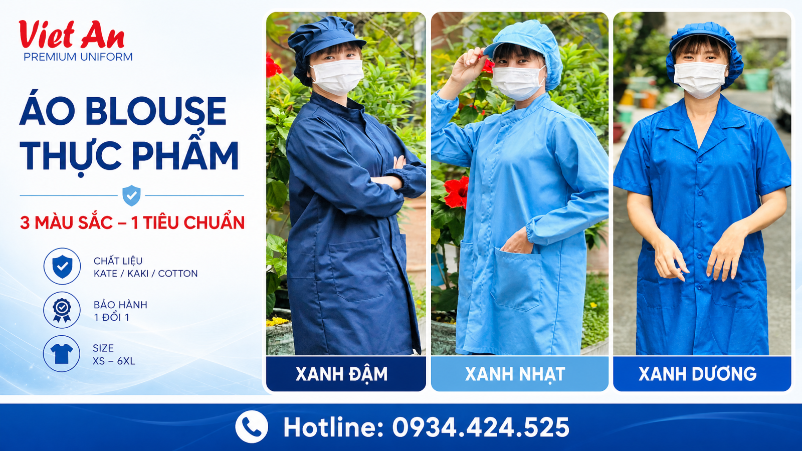 Mẫu áo blouse bảo hộ thực phẩm Việt An dành cho môi trường sản xuất, chế biến và kiểm tra chất lượng.