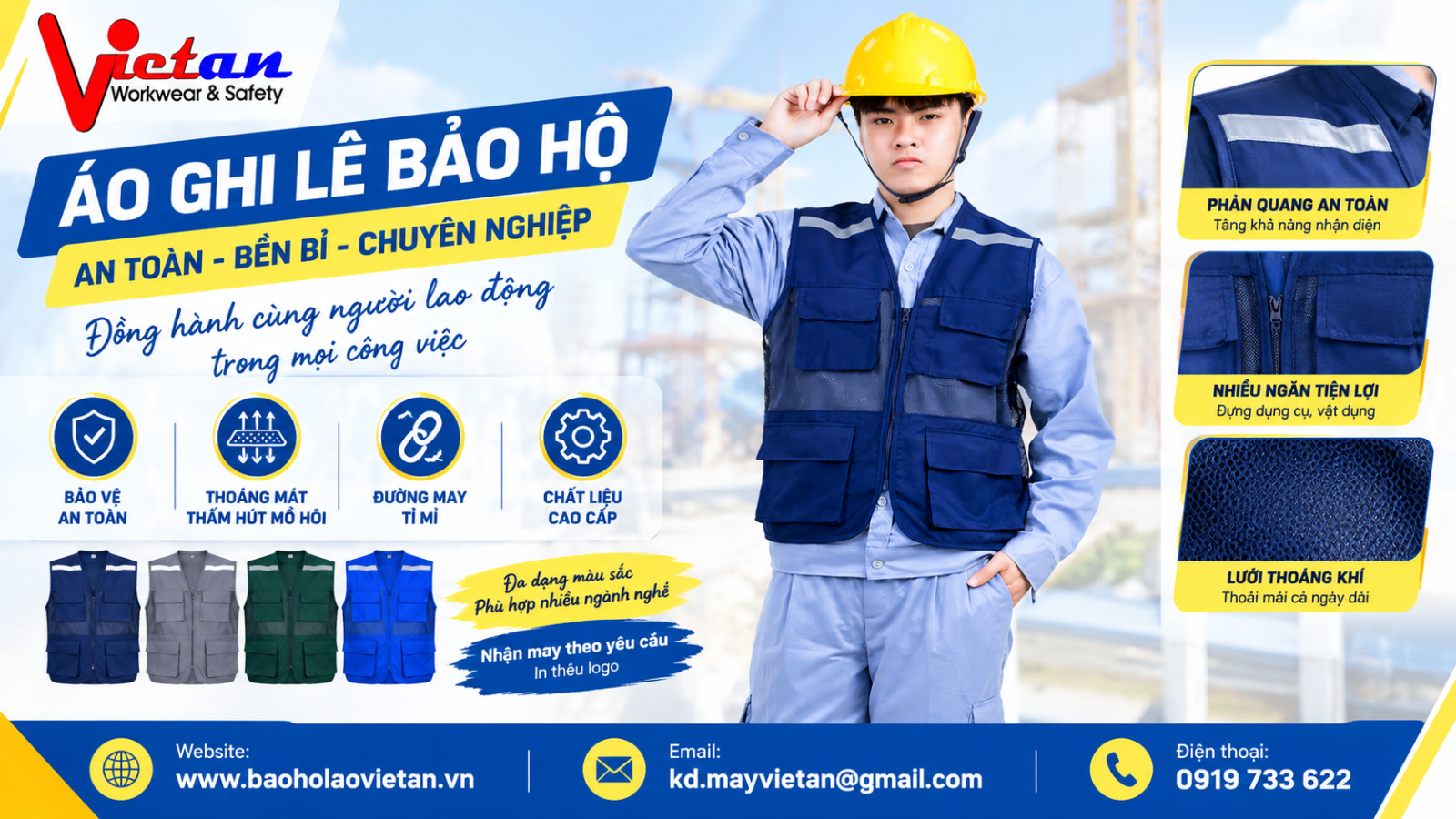 Áo có dải phản quang tăng khả năng nhận diện, nhiều túi tiện dụng và phần lưới thoáng khí, mang lại sự thoải mái khi làm việc. Sản phẩm phù hợp sử dụng trong công trình, nhà xưởng, kho bãi và các môi trường lao động cần đảm bảo an toàn.