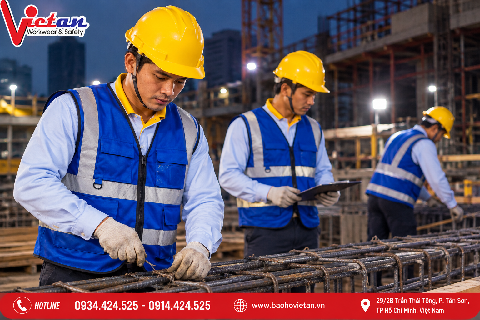 Áo ghi lê phản quang cho công nhân với thiết kế có dải phản quang giúp người lao động dễ nhận diện trong những ca làm việc thiếu ánh sáng