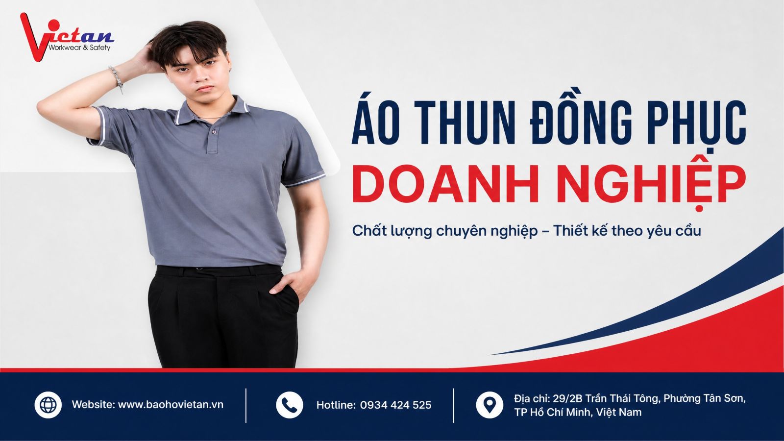 Banner áo thun đồng phục doanh nghiệp Việt An với thiết kế áo thun polo màu xanh nhạt, kiểu dáng trẻ trung, lịch sự và thoải mái.