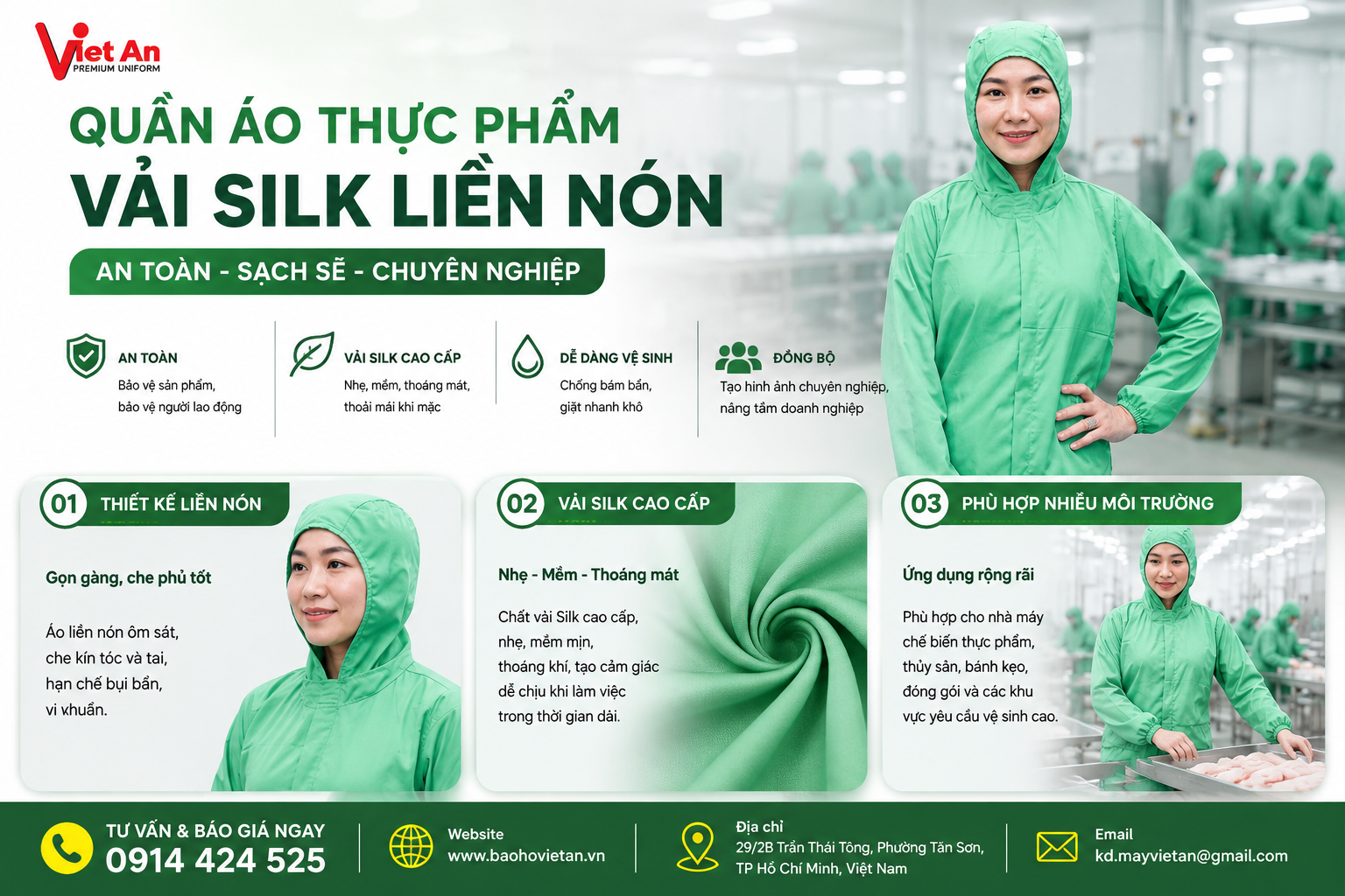 Quần áo thực phẩm liền nón với thiết kế thuận tiện cho người lao động, tạo cảm giác thoải mái khi mặc đối với người lao động