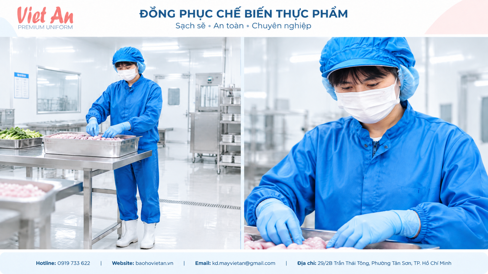 Quần áo thực phẩm chính với thiết kế dây kéo mang lại cảm giác thuận tiện cho người lao động, với đường may sắc nét cùng với thiết kế nón trùm tóc đảm bảo an toàn chất lượng thực phẩm