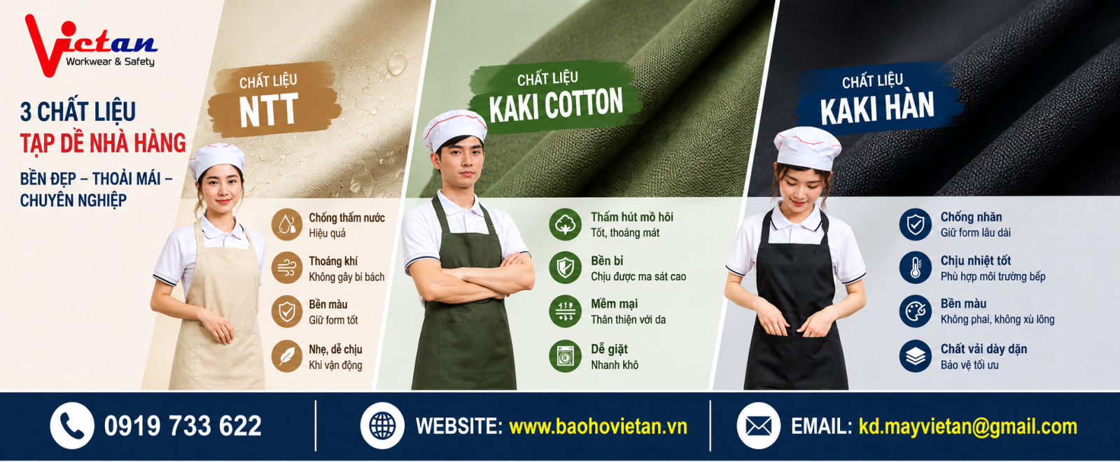 Với 3 chất liệu vải của tạp dề nhà hàng, bạn có thể lựa chọn phù hợp với từng vị trí cho từng ngành nghề