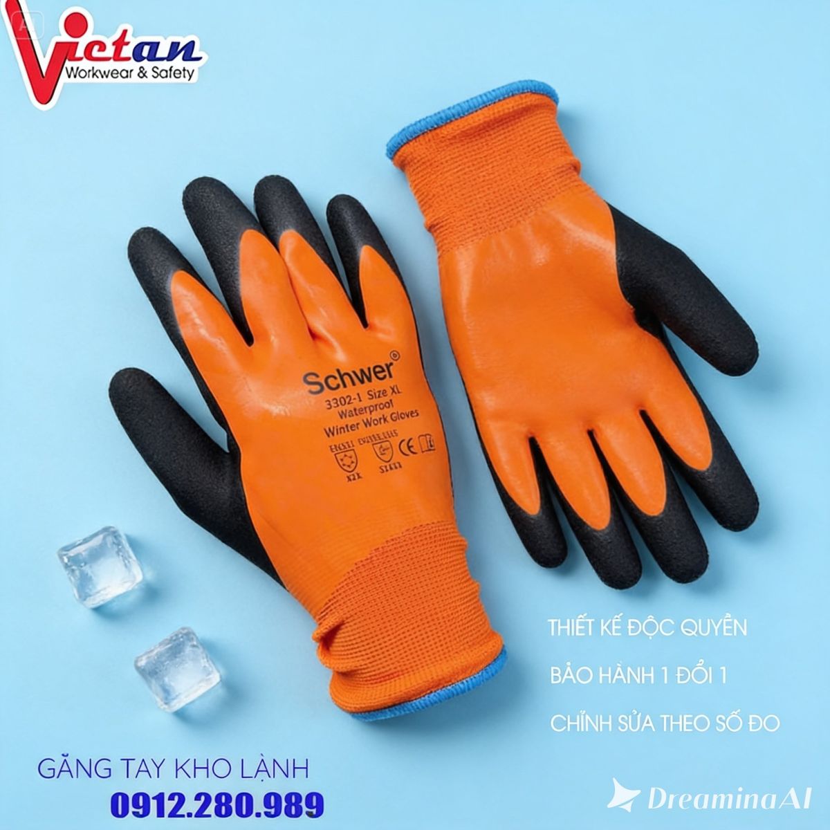 Hình ảnh găng tay bảo hộ kho lạnh màu cam đen với kiểu dáng gọn gàng, phù hợp sử dụng trong các công việc cần bảo vệ đôi tay khi làm việc ở môi trường nhiệt độ thấp. Phần màu cam tạo điểm nhấn nổi bật cho sản phẩm, trong khi khu vực lòng bàn tay và đầu ngón tay màu đen giúp phân biệt rõ vùng tiếp xúc khi thao tác.