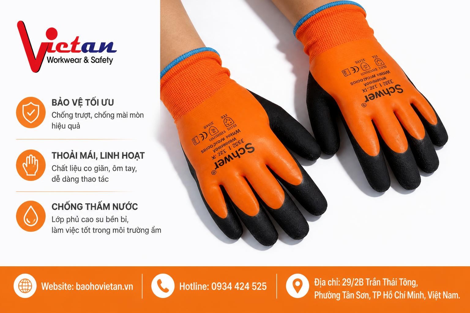 Hình ảnh găng tay kho lạnh màu cam đen được thiết kế dành cho người lao động thường xuyên làm việc trong môi trường có nhiệt độ thấp như kho đông lạnh, kho bảo quản thực phẩm, kho thủy sản và khu vực chế biến lạnh.
