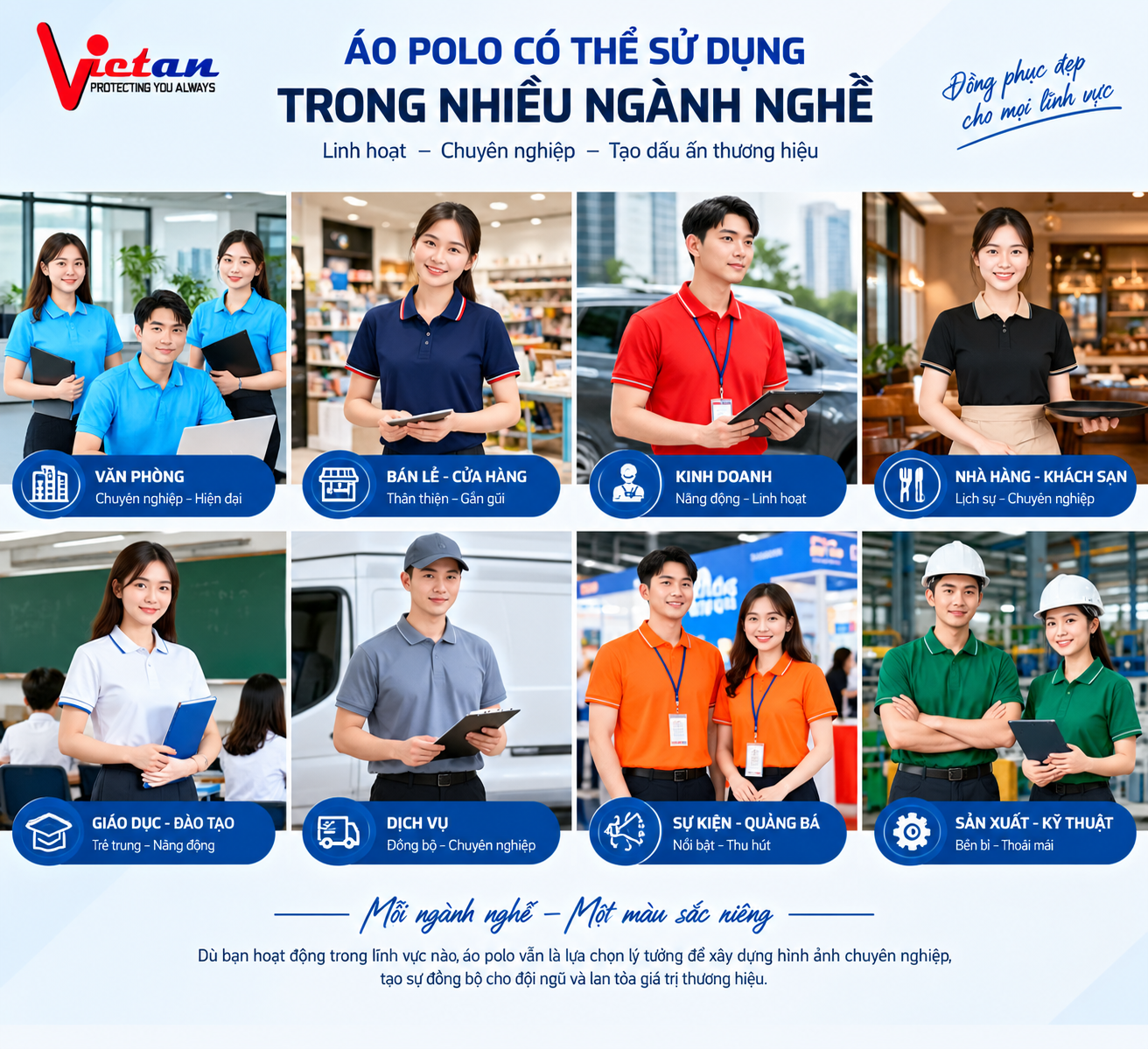 Hình ảnh giới thiệu các ngành nghề có thể sử dụng áo polo doanh nghiệp, với nhiều lĩnh vực như văn phòng, bán lẻ – cửa hàng, kinh doanh, nhà hàng – khách sạn, giáo dục – đào tạo, dịch vụ, sự kiện – quảng bá và sản xuất – kỹ thuật.