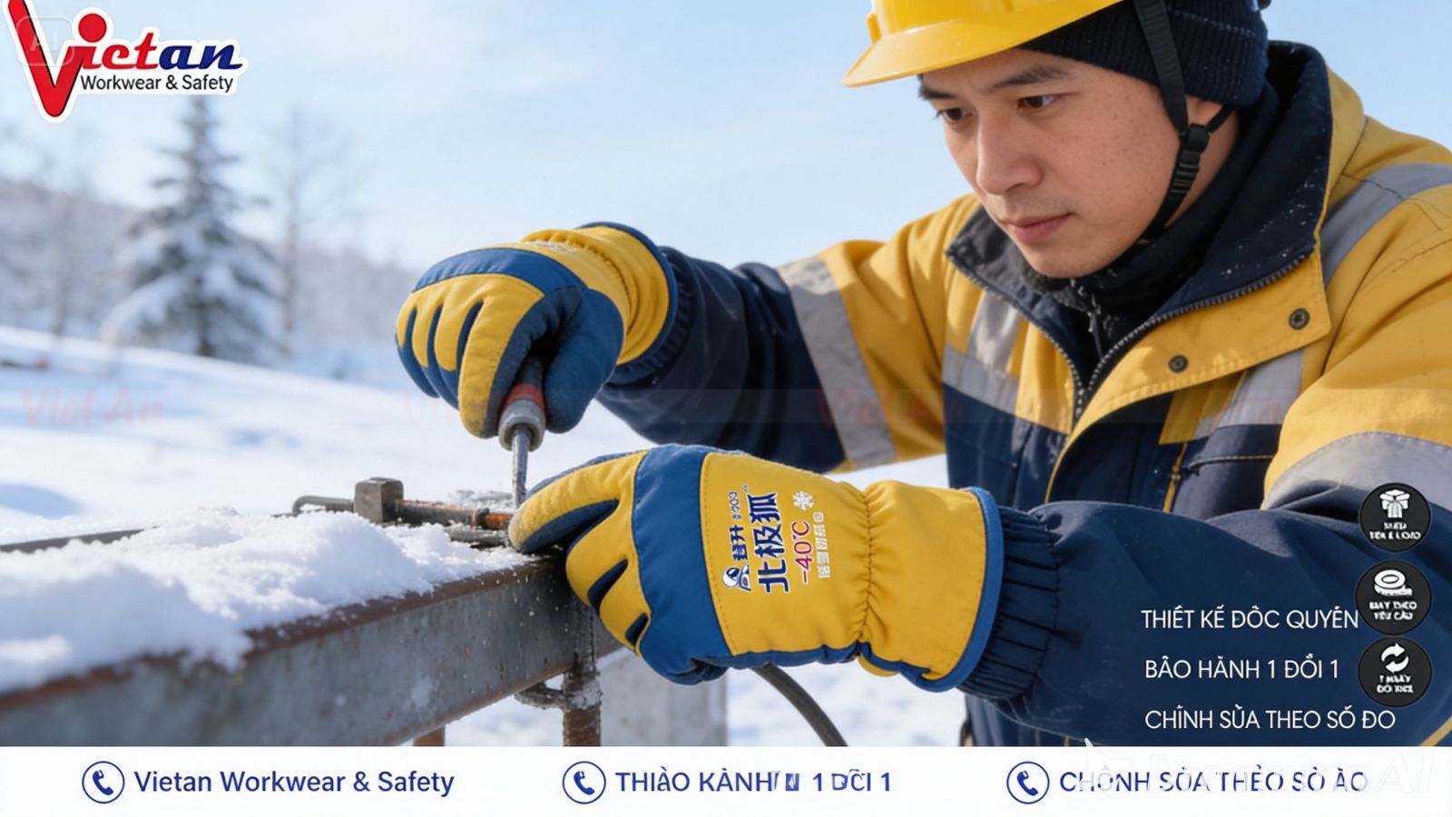 Ảnh chụp găng tay kho lạnh màu cam với lòng bàn tay phủ màu đen, thể hiện rõ kiểu dáng và cấu tạo bên ngoài của sản phẩm. Màu cam giúp găng tay nổi bật trong môi trường làm việc, trong khi phần màu đen tập trung ở lòng bàn tay và đầu ngón tay – những vị trí thường xuyên tiếp xúc với hàng hóa.