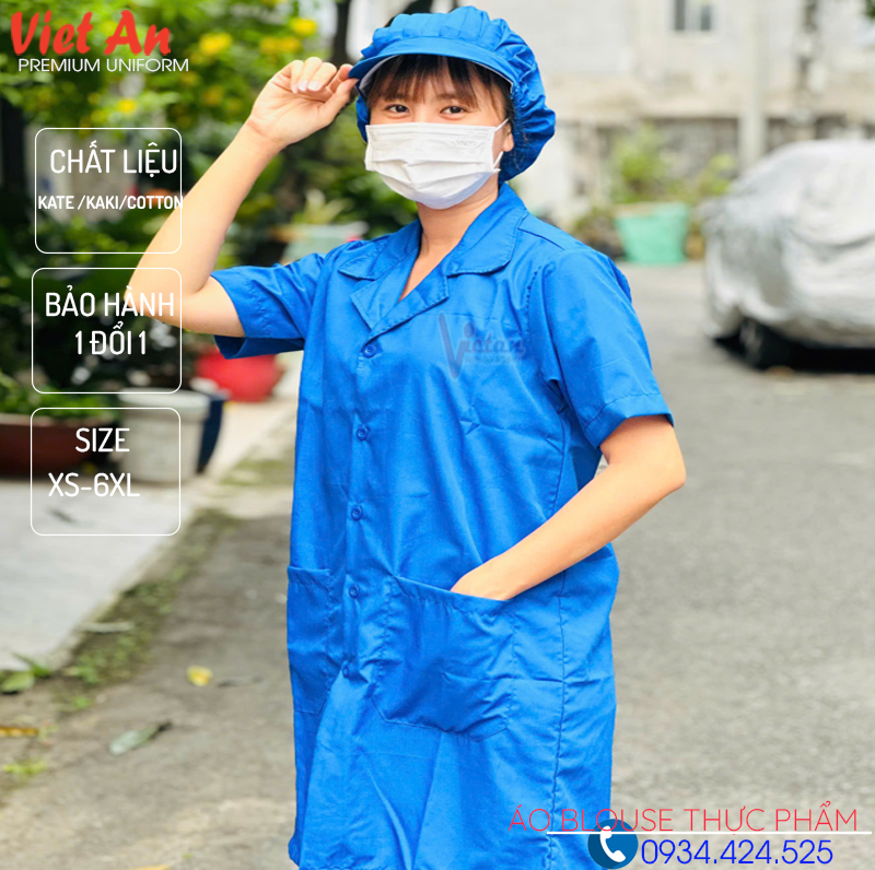 Mẫu áo blouse thực phẩm màu xanh dành cho nhân viên nhà máy, xưởng chế biến và đóng gói.