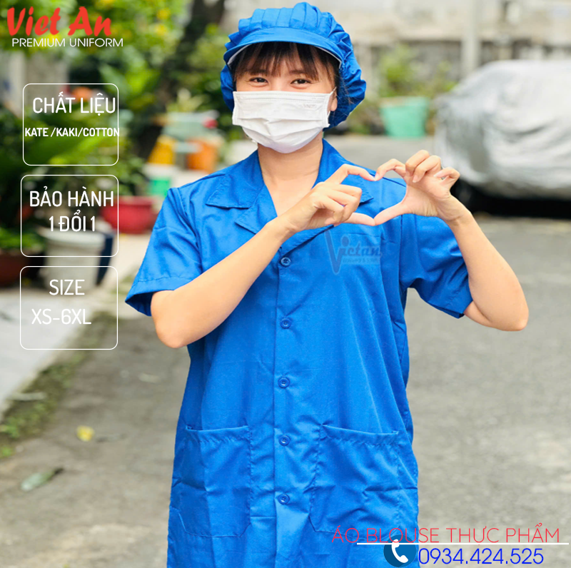 Áo blouse thực phẩm Việt An thiết kế gọn gàng, phù hợp môi trường sản xuất và chế biến thực phẩm.