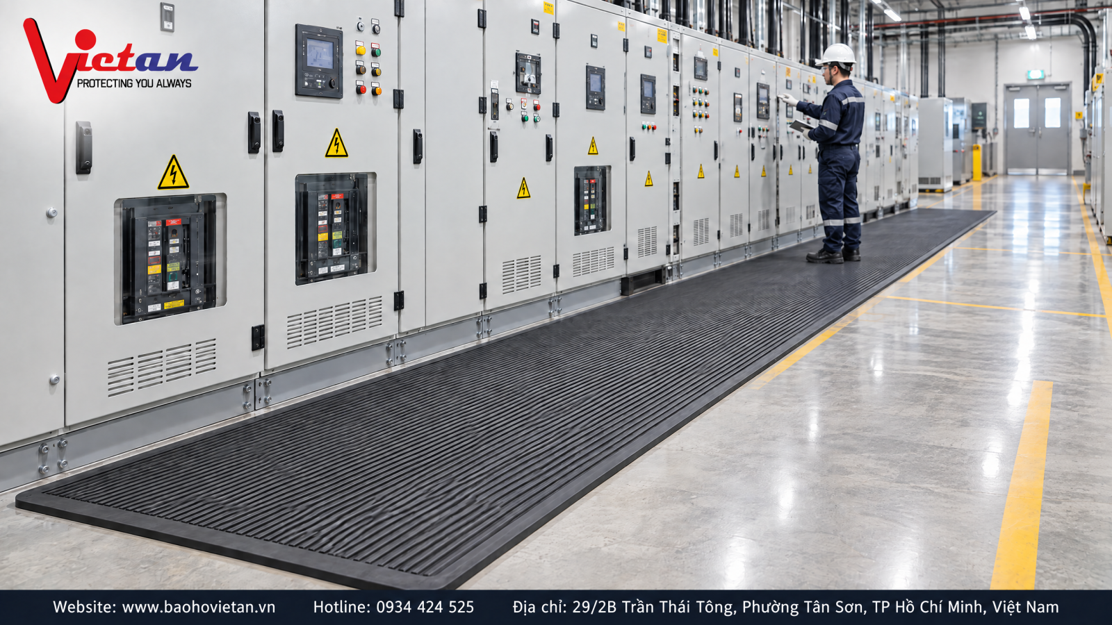 Thảm cao su cách điện được sử dụng tại khu vực phòng điện, giúp bố trí vị trí thao tác trước thiết bị điện rõ ràng và khoa học hơn.