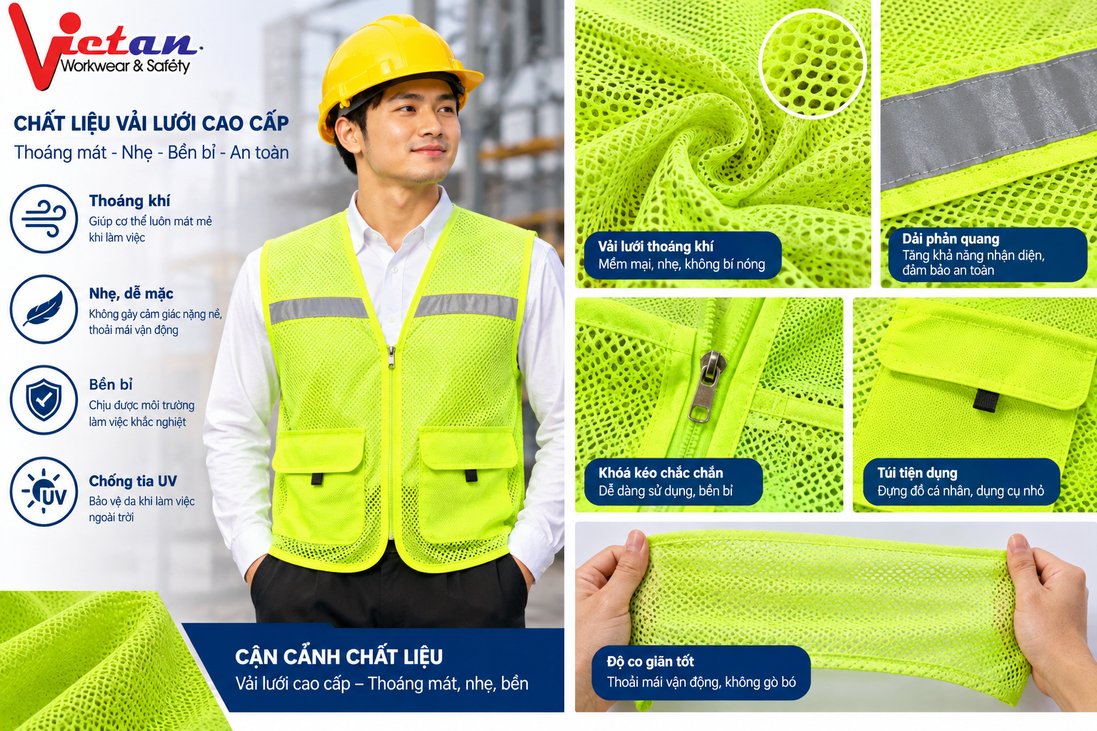 Áo ghi lê phản quang công nhân được thiết kế lưới mang lại cảm giác dễ mặc và thóng mát khi ặmc