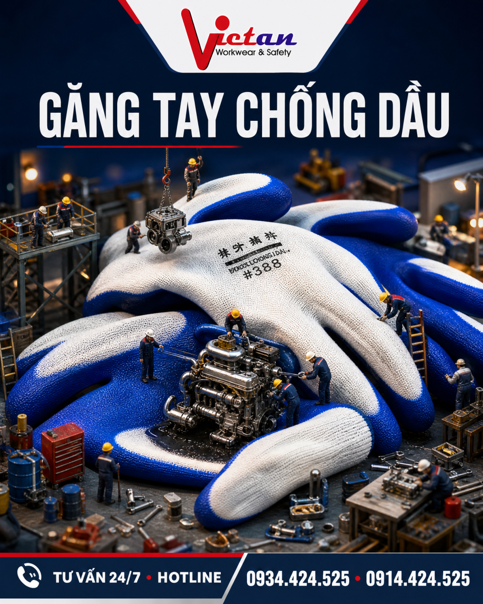 Hình ảnh găng tay chống dầu được sử dụng trong nhà máy và khu vực sản xuất, nơi người lao động thường xuyên tiếp xúc với dầu, mỡ và các chi tiết máy.