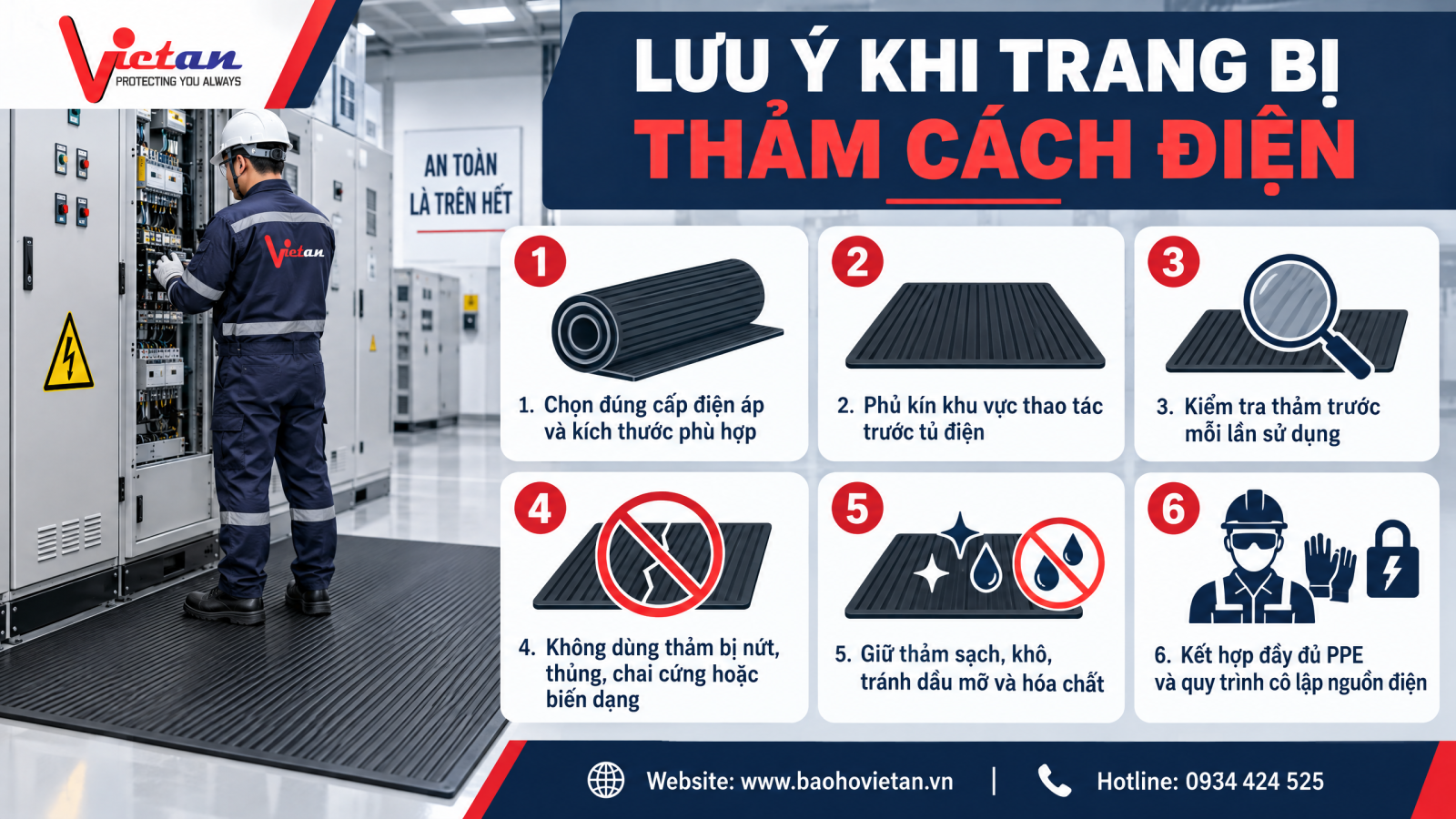 Thảm cách điện cao su được bố trí tại khu vực tủ điện trong nhà máy, minh họa việc lựa chọn kích thước và sản phẩm phù hợp với điều kiện sử dụng thực tế.