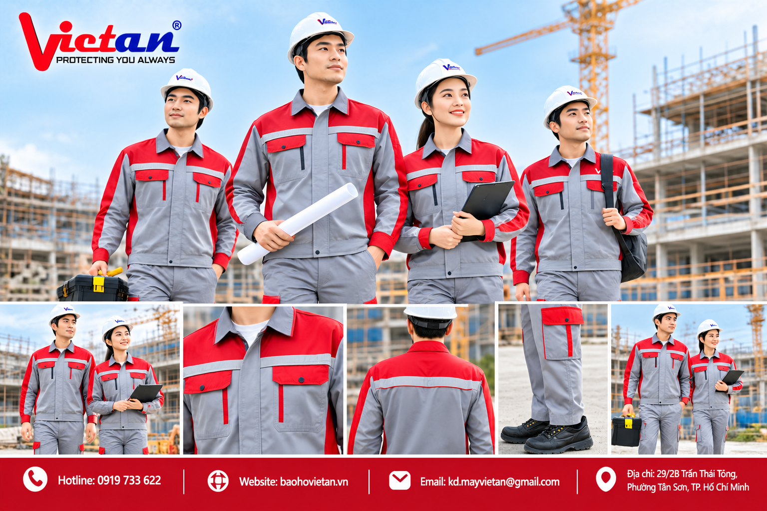 Quần áo bảo hộ công trường màu xám đỏ với thiết kế chuyên nghiệp, phù hợp cho công nhân xây dựng và kỹ thuật viên làm việc tại công trình. Trang phục có kiểu dáng năng động, dễ vận động và có thể kết hợp logo doanh nghiệp để tạo hình ảnh đồng bộ.