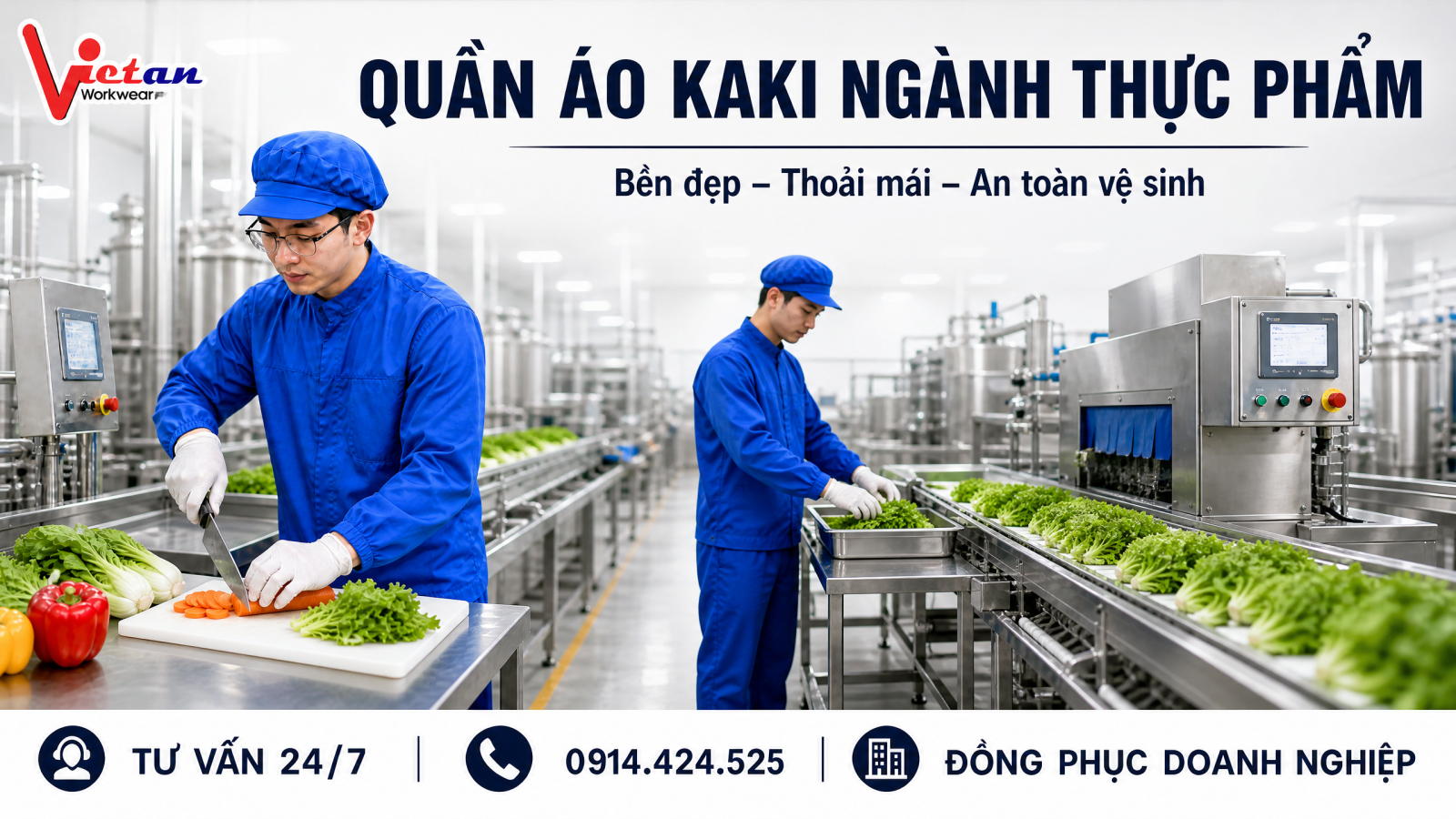 Đồng phục thực phẩm với chất liệu kaki và thiết kế đơn giản tạo ra sự thoải mái và đồng bộ cho doanh nghiệp