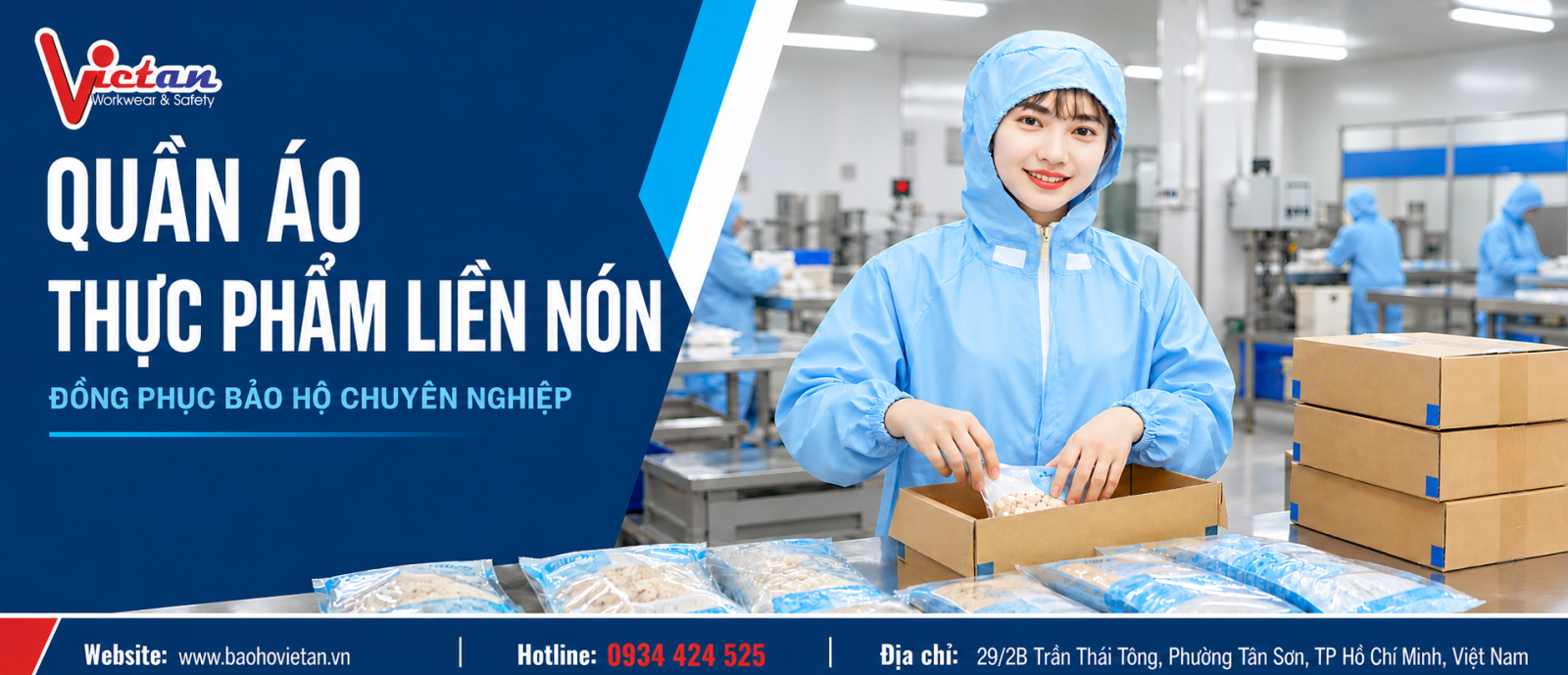 Đồng phục thực phẩm Việt An, giải pháp bảo hộ an toàn giúp tránh khỏi các tác nhân gây ô nhiễm như bụi, tóc,....