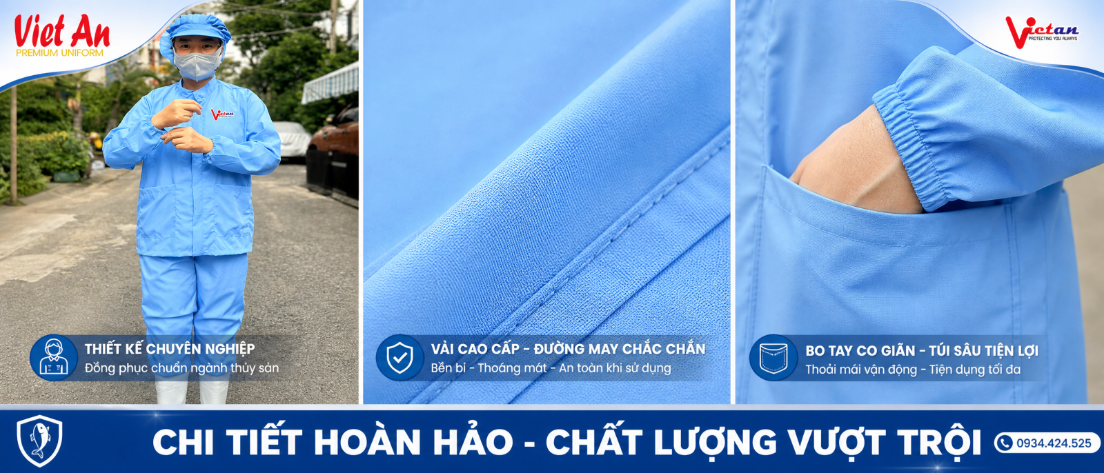 Bộ đồng phục bảo hộ thủy sản đồng bộ dành cho công nhân tại nhà máy chế biến