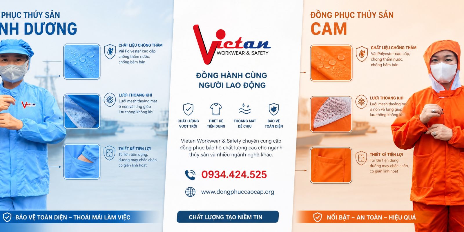 Mẫu quần áo thủy sản chuyên dụng dành cho công nhân làm việc tại nhà máy chế biến thủy hải sản, thiết kế phù hợp với môi trường ẩm ướt và nhu cầu sử dụng thường xuyên.