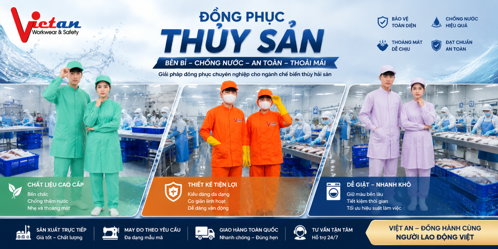 Bộ đồng phục thủy sản dành cho công nhân nam và nữ, tạo sự đồng bộ và chuyên nghiệp