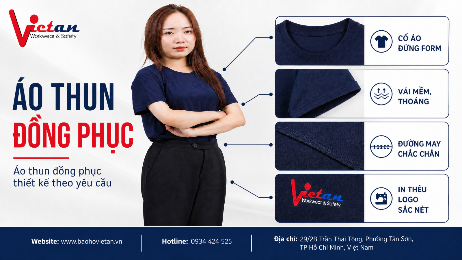 Mẫu áo thun đồng phục công ty Việt An màu xanh nhạt với thiết kế polo thanh lịch, trẻ trung và thoải mái, phù hợp cho nhân viên văn phòng, doanh nghiệp, sự kiện và các hoạt động quảng bá thương hiệu.