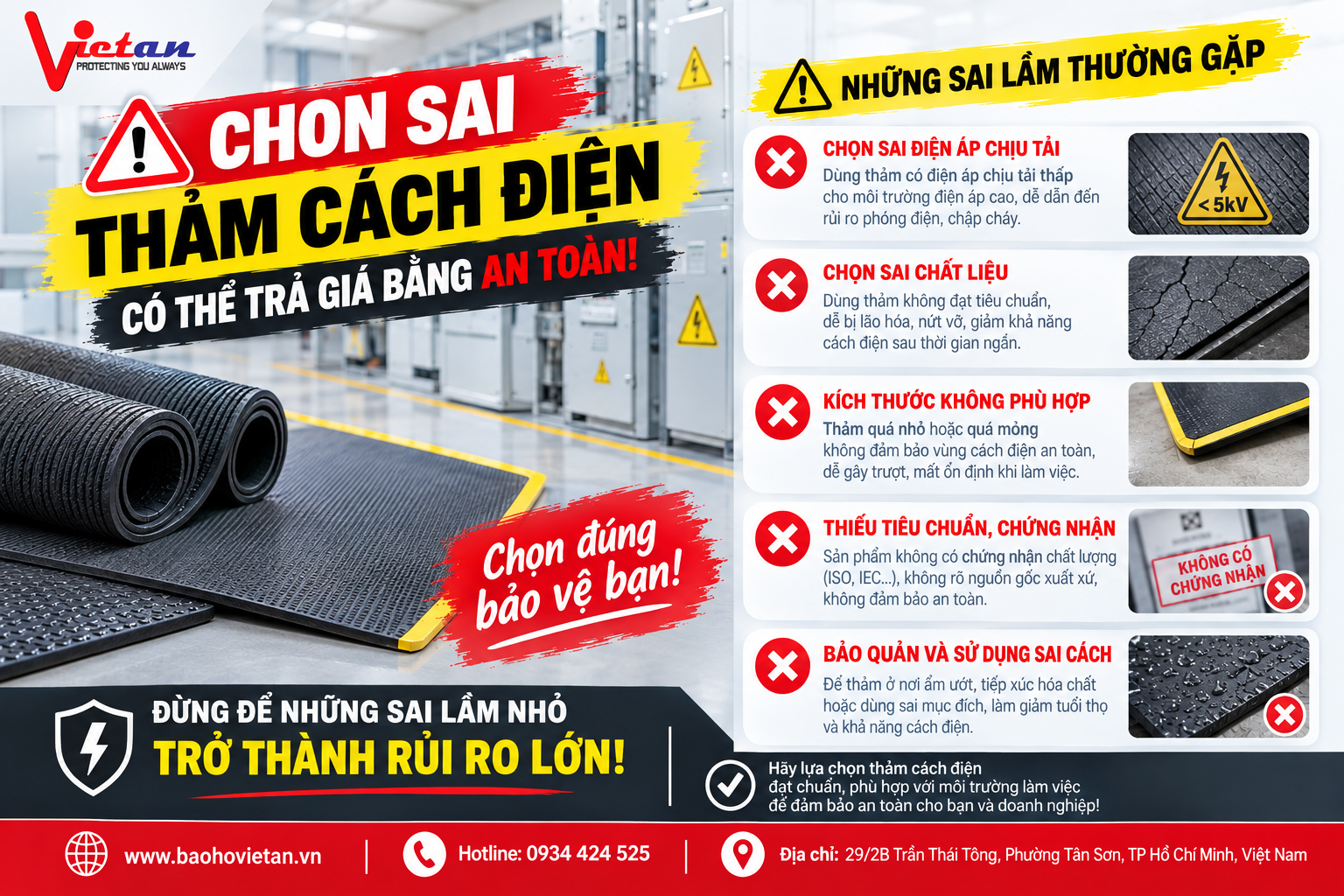 Thảm cách điện cao su được sử dụng tại tủ điện, phòng điện và nhà máy nhằm tạo lớp bảo vệ cách điện cho người lao động khi làm việc trong khu vực có nguy cơ tiếp xúc với điện.