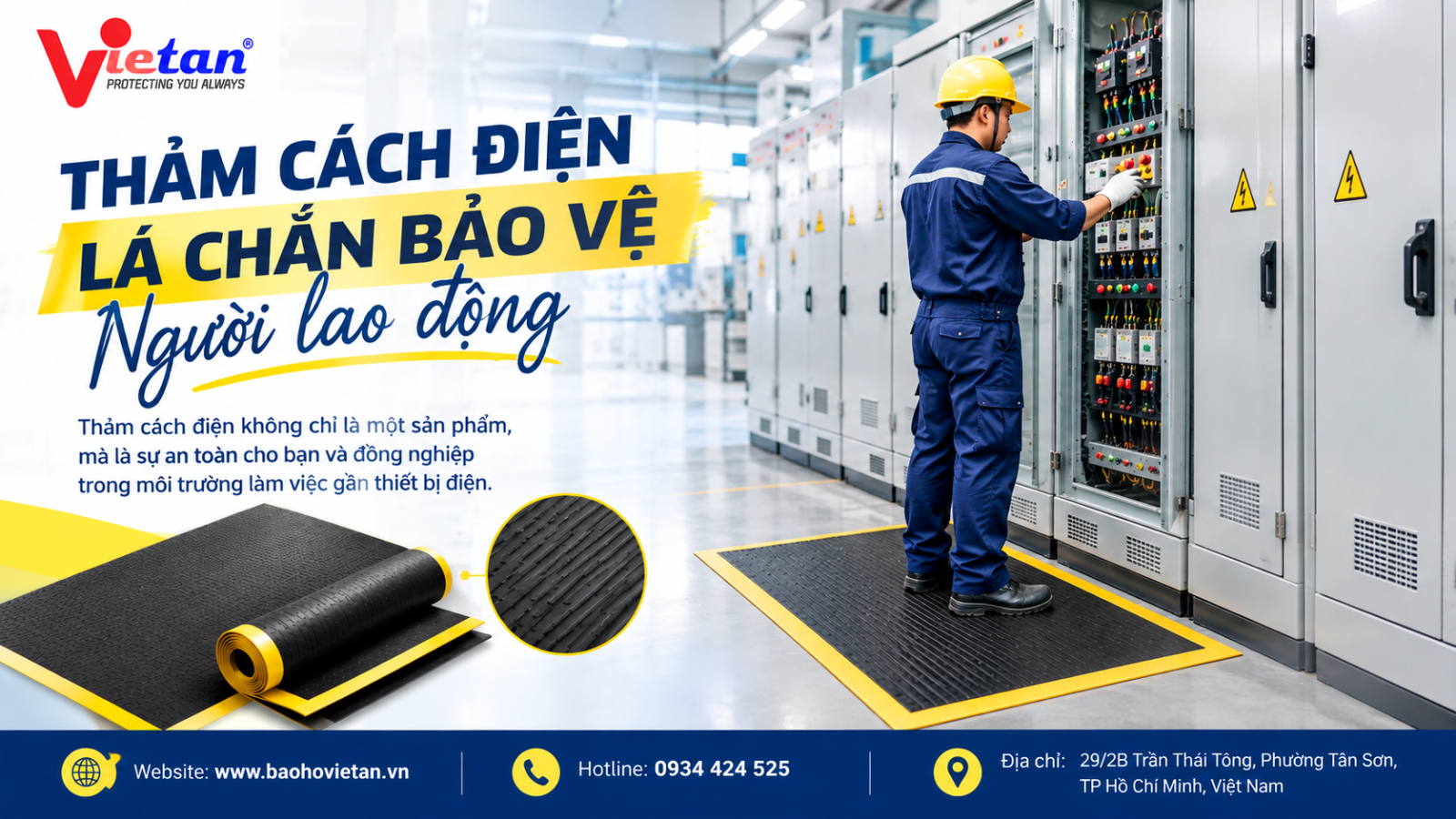 Thảm cách điện được bố trí tại khu vực làm việc trước tủ điện công nghiệp, tạo nên bề mặt đứng chuyên dụng cho người lao động trong quá trình kiểm tra, vận hành và thao tác với thiết bị điện.