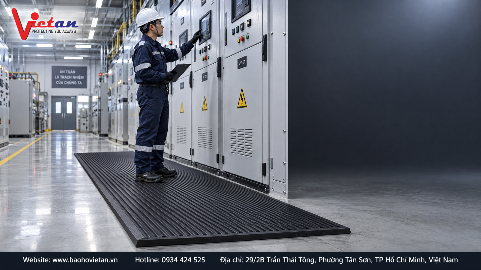 Thảm cách điện cao su được bố trí phía trước tủ điện công nghiệp, tạo thêm lớp cách ly tại vị trí người lao động đứng và thao tác.