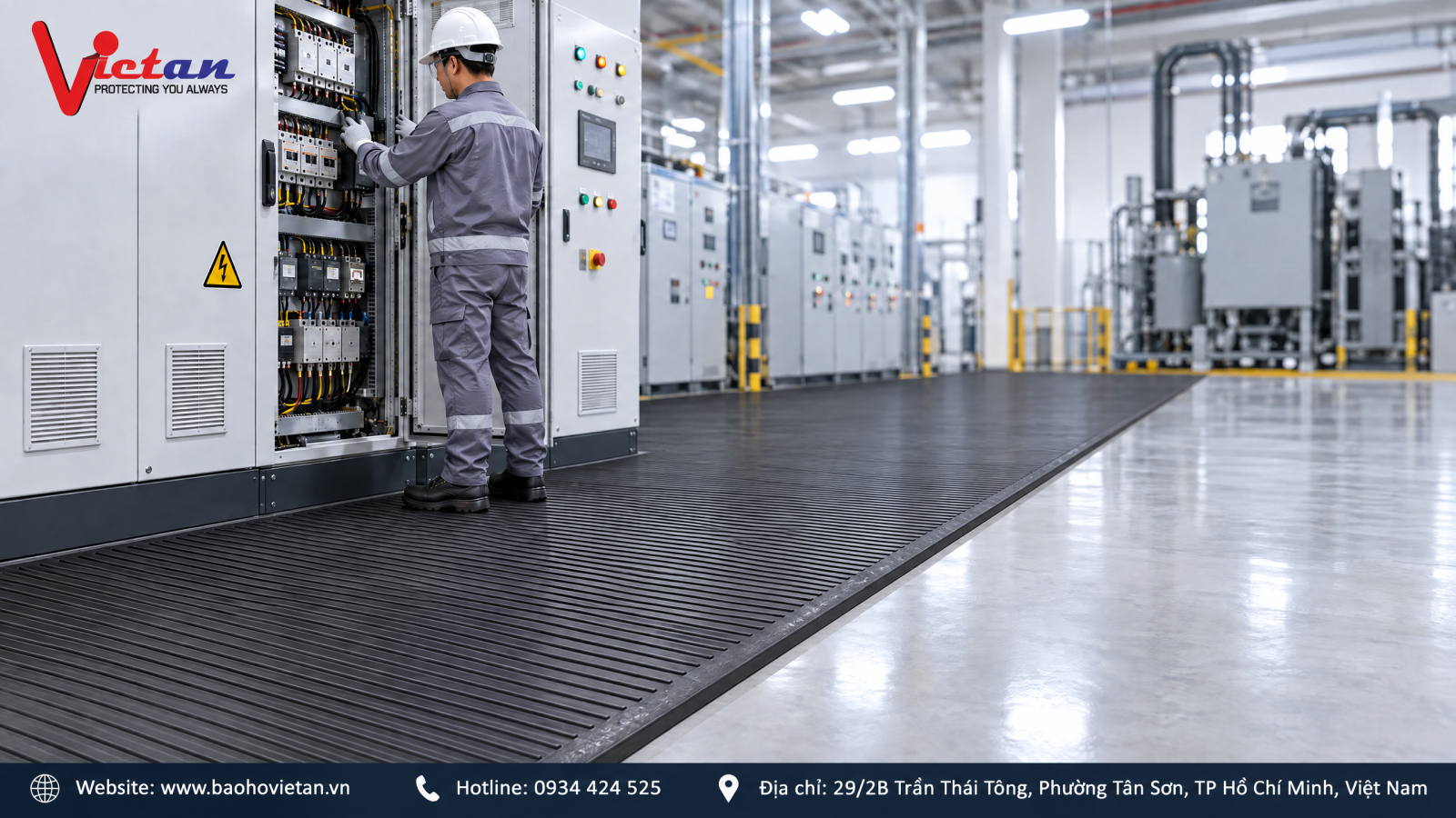 Hình ảnh người lao động đứng trên thảm cách điện khi kiểm tra tủ điện, minh họa vai trò của thảm trong việc tạo thêm lớp cách ly giữa người và mặt sàn.