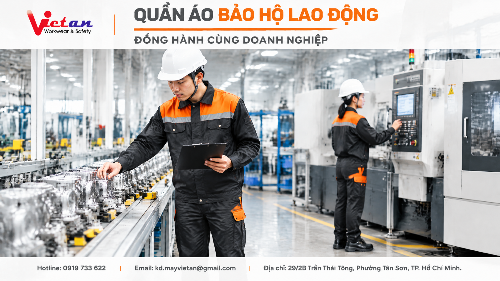 Trang phục bảo hộ lao động với thiết kế đơn giản và có dải phản quang giúp người lao động dễ nhận diện và nổi bật trong khoảng không gian thiếu ánh sáng