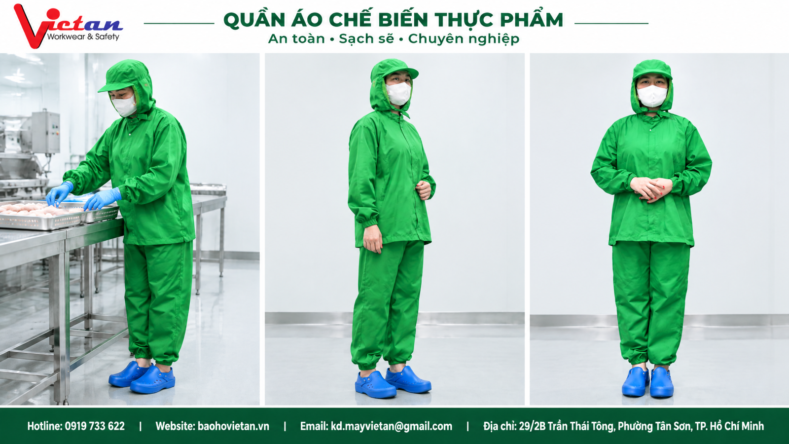 Quần áo chế biến thực phẩm cho công nhân được thiết kế gọn gàng, phù hợp với môi trường nhà máy, xưởng sản xuất và các khu vực sơ chế, chế biến, đóng gói thực phẩm. Trang phục giúp người lao động thuận tiện khi làm việc, dễ quản lý và có thể may theo yêu cầu về kiểu dáng, màu sắc, kích thước và logo doanh nghiệp.